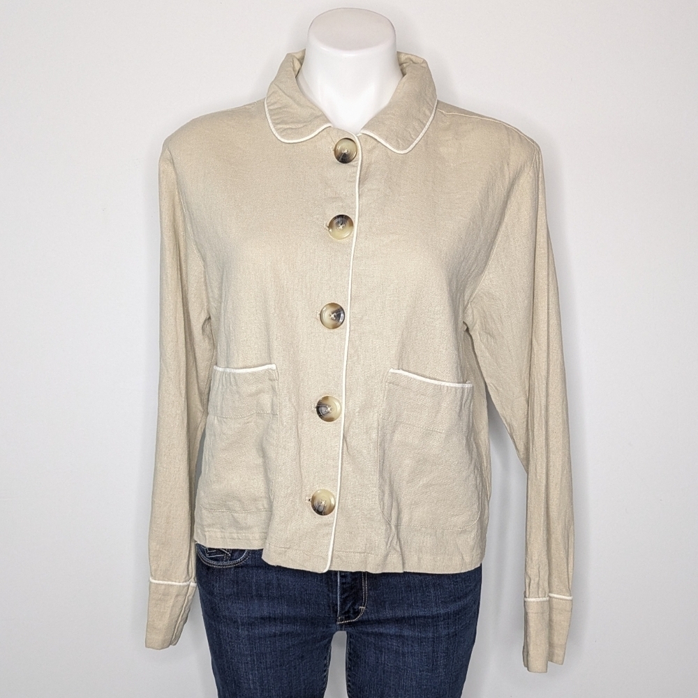 NWT Kensie Cream Linen Blend Button Up Collared Pajama Lounge Top M